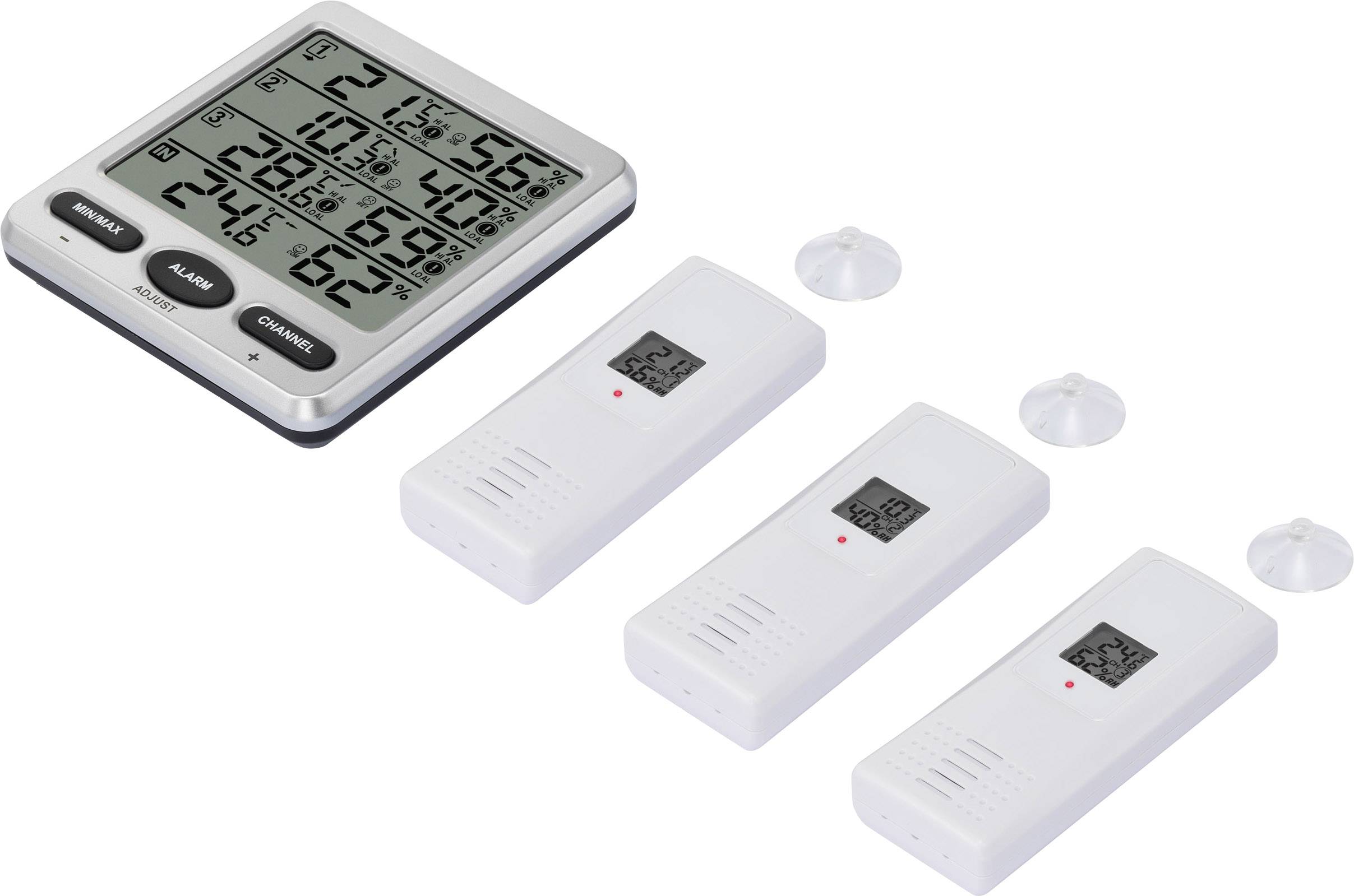 'Digitales Thermo-Hygrometer mit drei kabellosen Sensoren. Zeigt Temperatur und Luftfeuchtigkeit für Innen- und Außenbereiche an.'