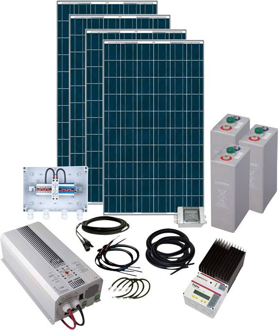 Ein Solar-Set inklusive Module, Akkus, Anschlusskabel und Wechselrichter.