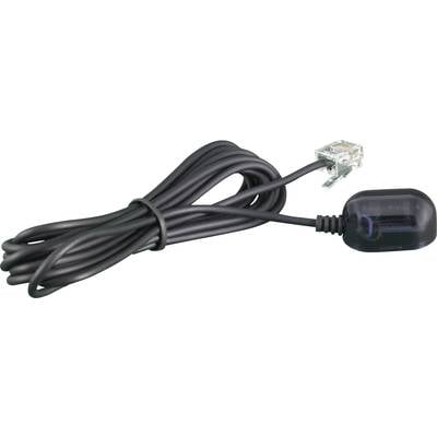 Ein langes, schwarzes Kabel mit einem transparenten RJ11-Stecker an einem Ende und einem schwarzen Kunststoffgehäuse am anderen.