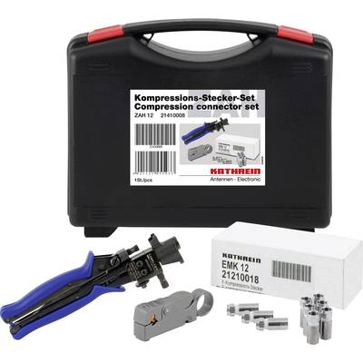 Kompressions-Stecker-Set mit Werkzeugen zum Herstellen von Kabelverbindungen, inklusive Quetschwerkzeug und Abisolierer, in einem schwarzen Koffer.