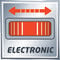 'Schild mit rotem symbolisierten Barcode, Doppelpfeil darüber zeigt nach links und rechts. Darunter steht “ELECTRONIC”.'