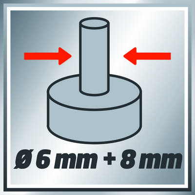 Diagramm mit zwei roten Pfeilen zeigt ein zylindrisches Objekt mit den Maßen 'Ø 6 mm + 8 mm'.