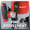 Eine rote Einhell-Fräse mit Feineinstellung, Hebel und Skala, dargestellt auf einem grauen Hintergrund. Text: 'Fine Adjustment'.
