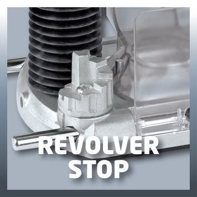 Nahaufnahme eines Metall-Revolverstops mit geriffelter Oberfläche und Schraube, umgeben von einem transparenteren Kunststoffteil.