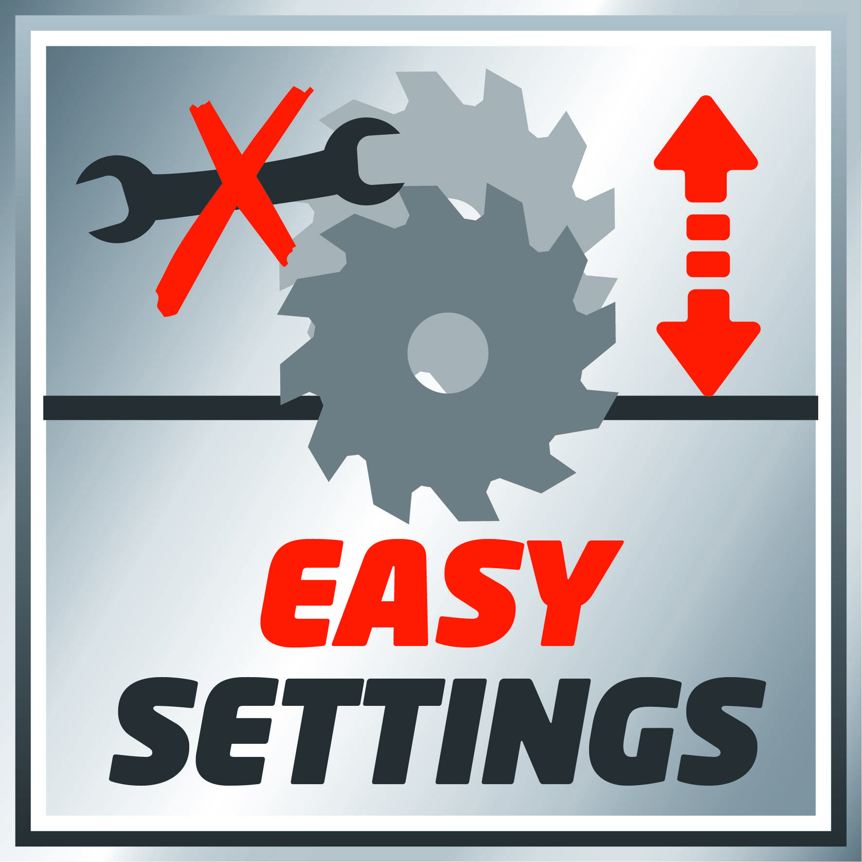 Ein Zahnrad zwischen einem Schraubenschlüssel und einem roten Pfeil. Text: 'Easy Settings', was auf einfache Einstellungsmöglichkeiten hinweist.