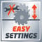 Ein Zahnrad zwischen einem Schraubenschlüssel und einem roten Pfeil. Text: 'Easy Settings', was auf einfache Einstellungsmöglichkeiten hinweist.