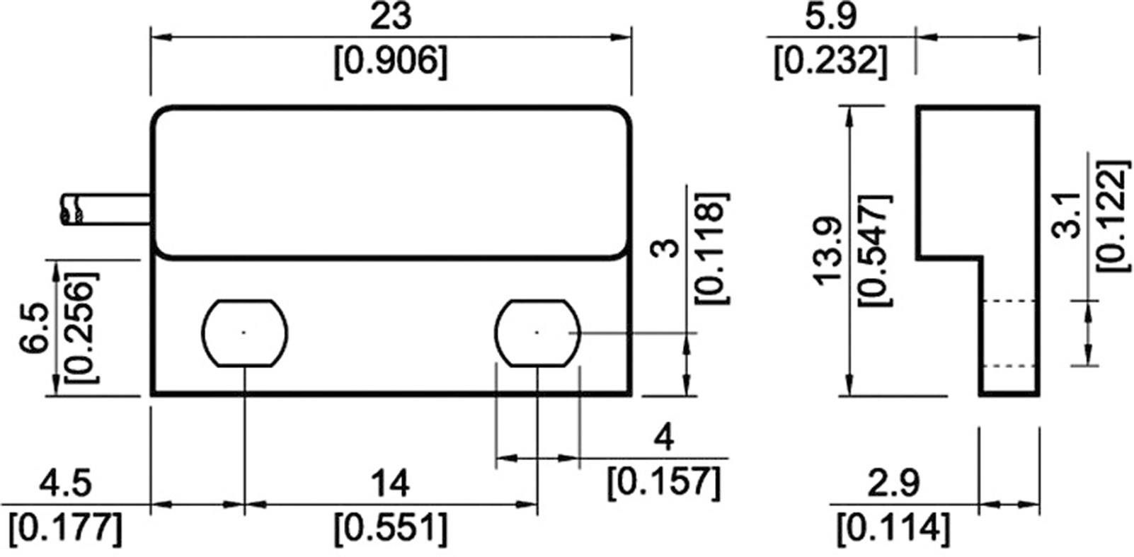Technische Zeichnung eines rechteckigen Bauteils mit mehreren Maßangaben. Oben: 23 mm Länge. Links: 6,5 mm Höhe. Ansichten von oben und der Seite.