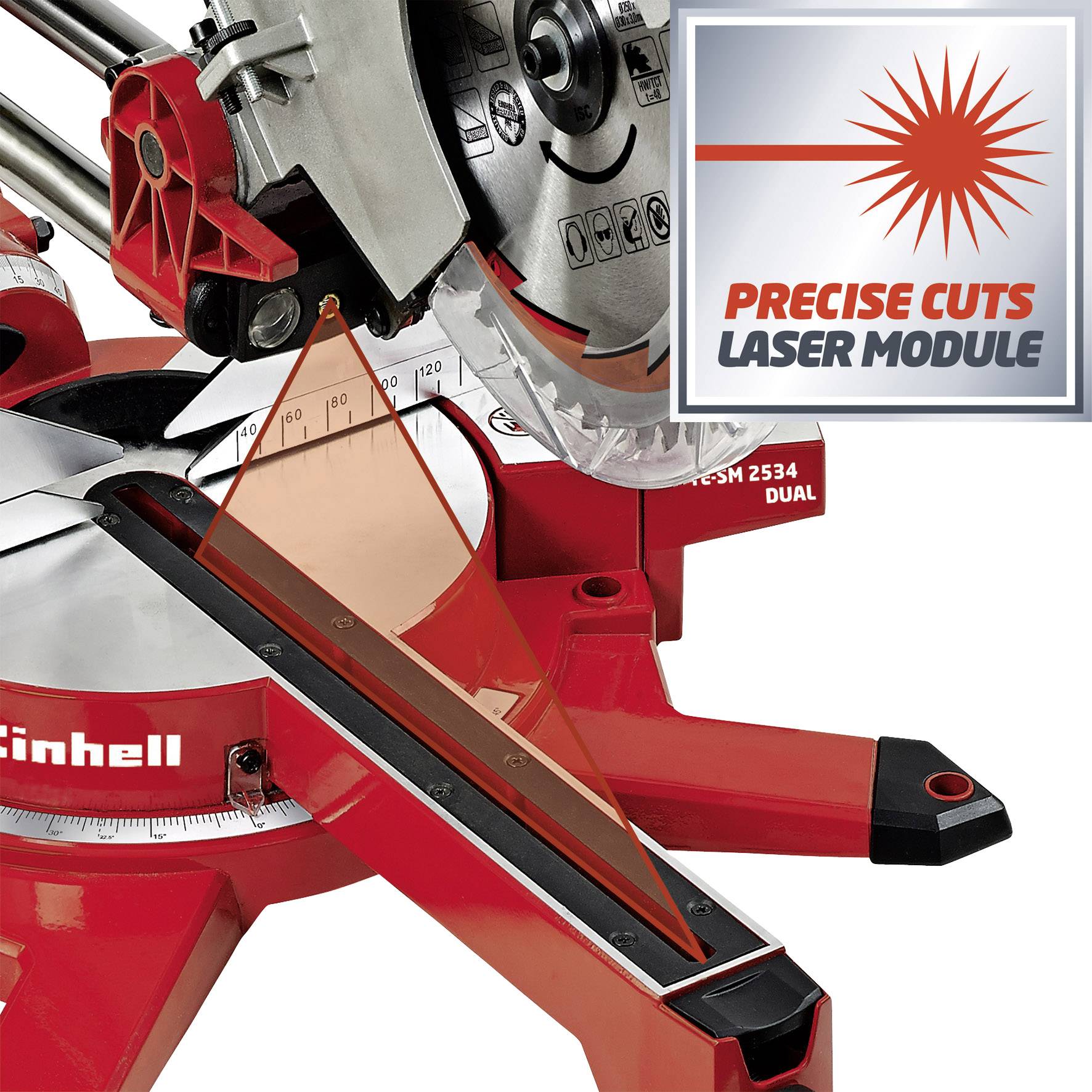 Rote Kappsäge mit Laserführrung für präzise Schnitte. Markierungen für Winkel von 0° bis 90°. Texttafel mit 'PRECISE CUTS LASER MODULE'.