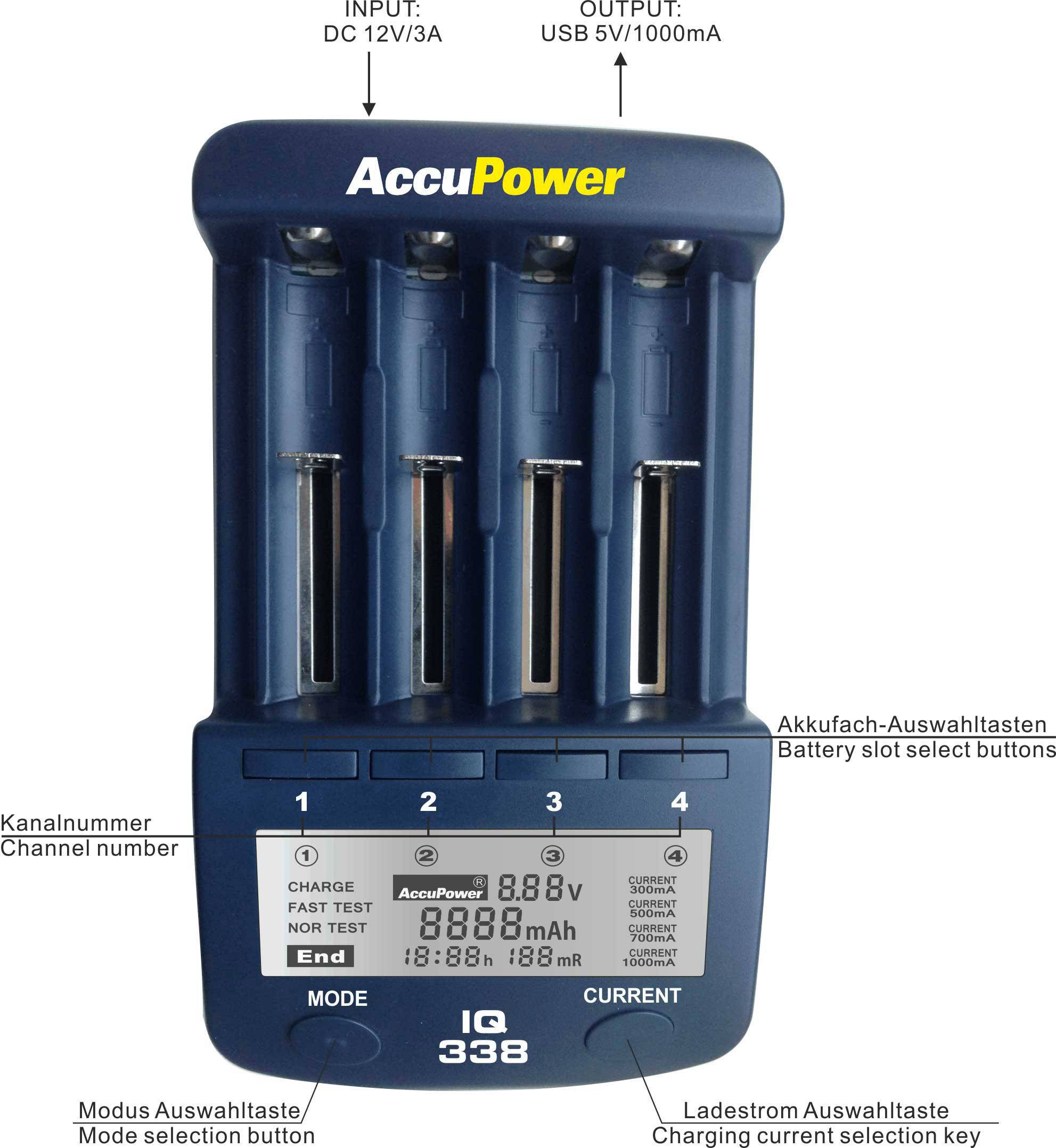 AccuPower IQ338 Rundzellen-Ladegerät NiCd, NiMH, LiIon 10340, 10350, 10440, 10500, 12500, 12650, 13500, 13650, 14500, 14-1