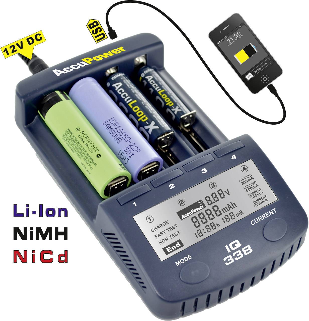 AccuPower IQ338 Rundzellen-Ladegerät NiCd, NiMH, LiIon 10340, 10350, 10440, 10500, 12500, 12650, 13500, 13650, 14500, 14-2