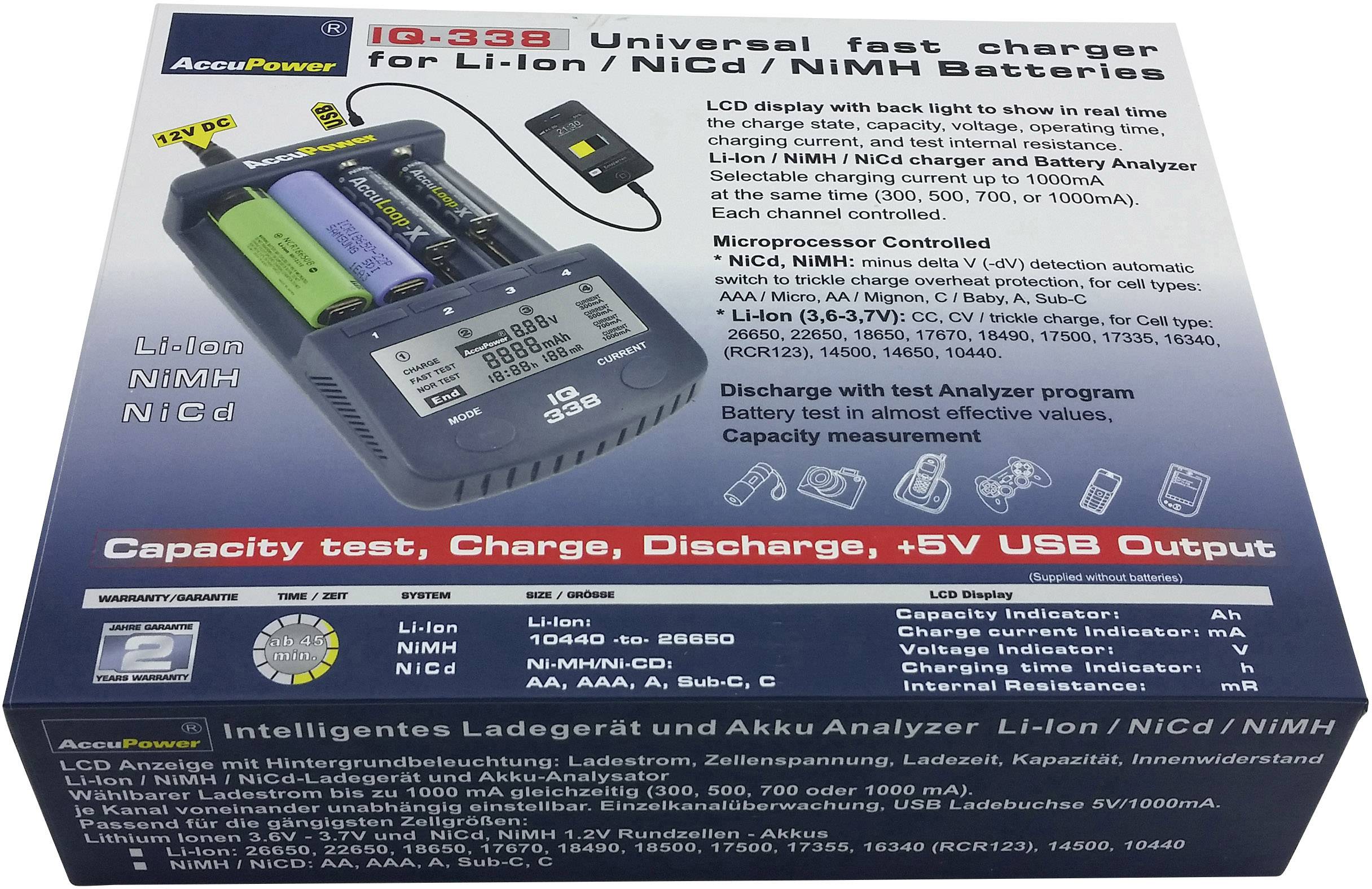 AccuPower IQ338 Rundzellen-Ladegerät NiCd, NiMH, LiIon 10340, 10350, 10440, 10500, 12500, 12650, 13500, 13650, 14500, 14-3
