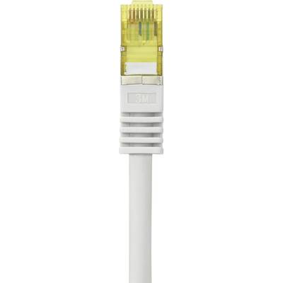 Ein weißes Ethernet-Kabel mit gelbem Stecker, das üblicherweise zur Verbindung von Geräten mit einem Netzwerk verwendet wird.