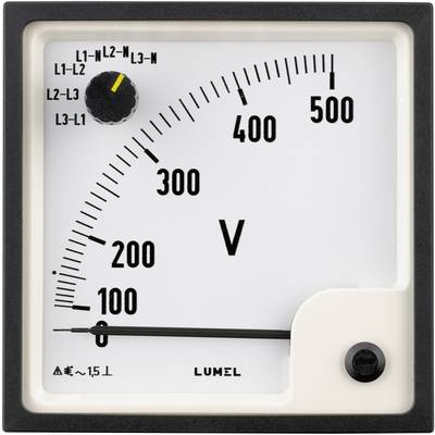 Analoge Spannungsanzeige von 0 bis 500 Volt. Zifferblatt mit gelbem Drehknopf für Phaseneinstellung. Hersteller: LUMEL.