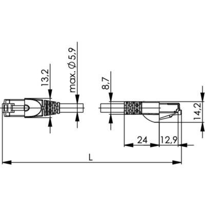 Technische Zeichnung eines Steckers mit Abmessungen: 13,2 mm, maximaler Durchmesser 5,9 mm, 8,7 mm Länge, 24 mm, 12,9 mm und 14,2 mm.