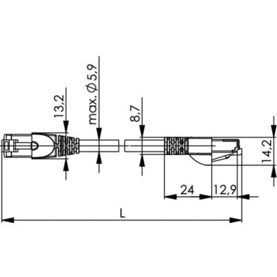 Technische Zeichnung eines Ethernet-Steckers mit Maßen: 13,2 mm, 5,9 mm Durchmesser, 8,7 mm, 24 mm, 12,9 mm und 14,2 mm.