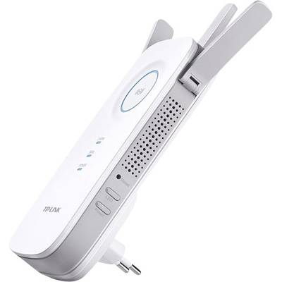WLAN-Repeater mit zwei Antennen, weißen Gehäuse und Steckdosenanschluss, dient zur Erweiterung der WiFi-Reichweite in Innenräumen.