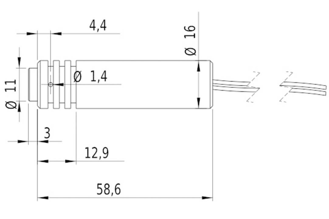 Technische Zeichnung eines zylindrischen Teils. Gesamtbreite 58,6 mm, Durchmesser 16 mm. Enthält weitere Maßangaben für Details.
