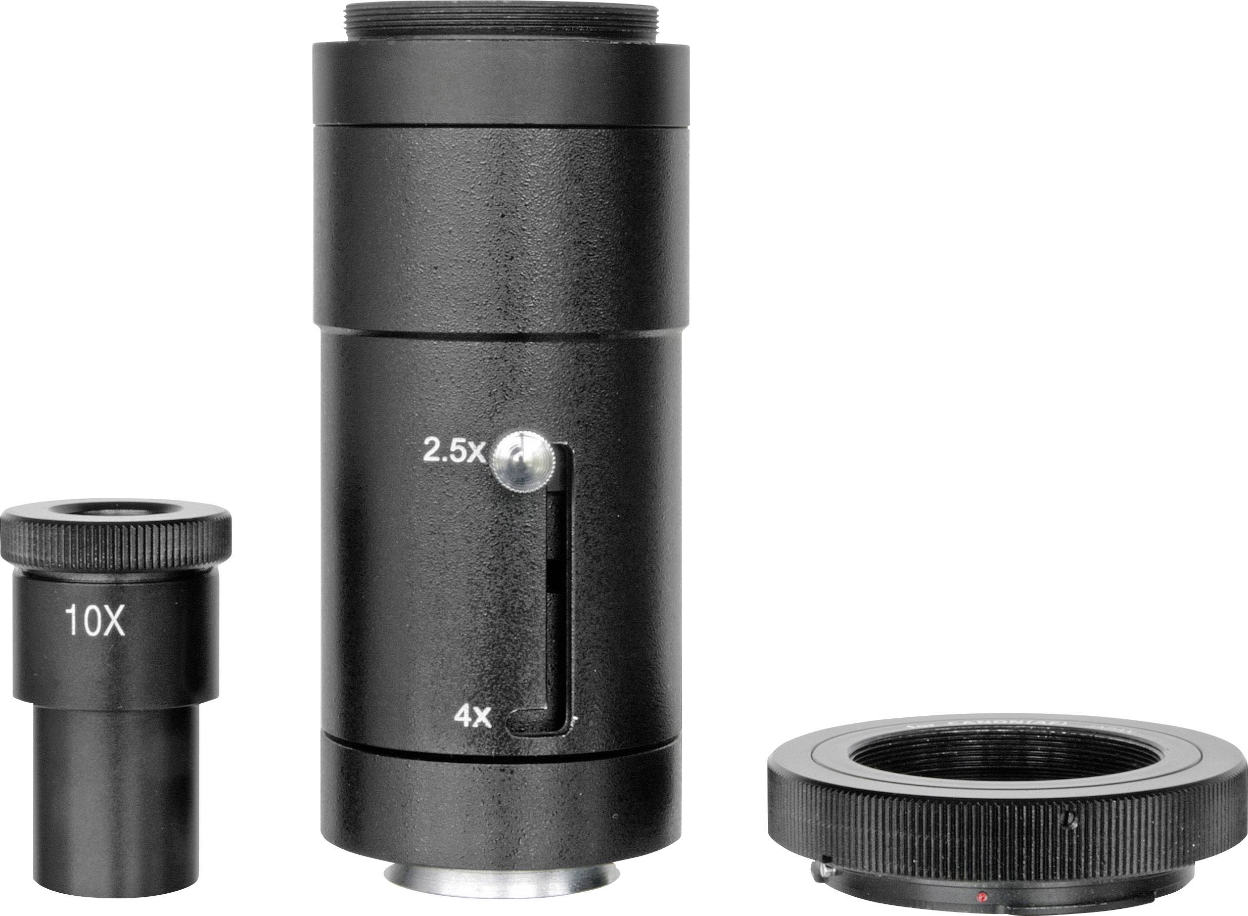 Drei Mikroskoplinsen: links eine 10X-Linse, in der Mitte eine einstellbare 2,5X bis 4X-Linse, rechts ein Adapterring.