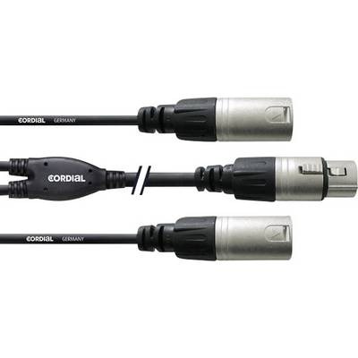 Zwei schwarze Audiokabel mit silbernen Steckverbindern, markiert mit 'CORDIAL GERMANY', verbunden durch einen kleinen schwarzen Adapter.