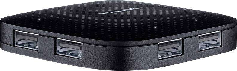 Ein schwarzer USB-Hub mit vier Anschlüssen, die es ermöglichen, mehrere USB-Geräte gleichzeitig an einen Computer anzuschließen.