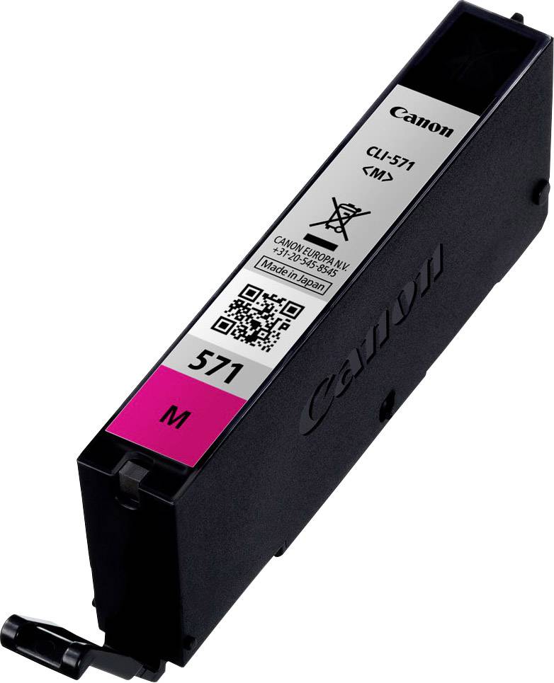 Canon Tintenpatrone, Modell CLI-571 in Magenta. Enthält QR-Code und Hinweis: 'Nicht verbrennen'. Hergestellt in Japan.