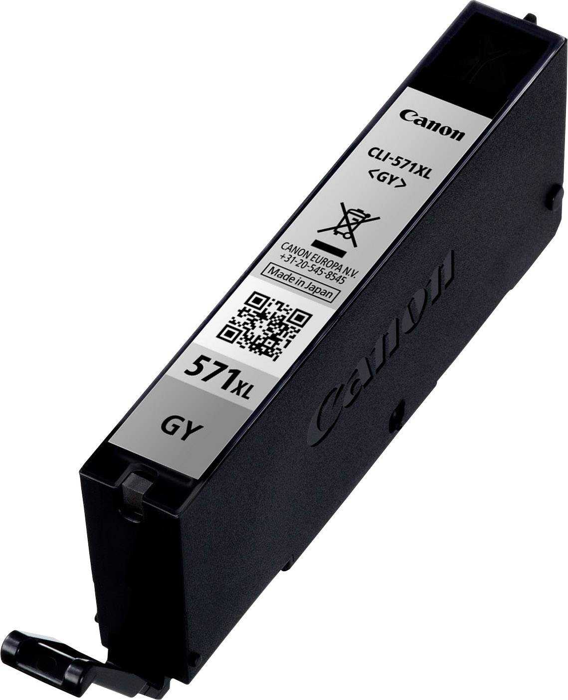 Eine schwarze Canon Druckerpatrone, Modellnummer CLI-571XL GY, mit grauem Etikett und QR-Code.