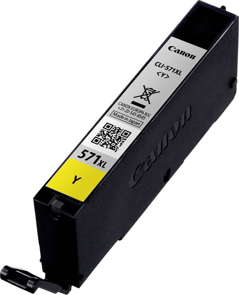 Canon Druckerpatrone CLI-571XL in Gelb, geeignet für bestimmte Canon-Druckermodelle, mit QR-Code und 'Made in Japan' Hinweis.