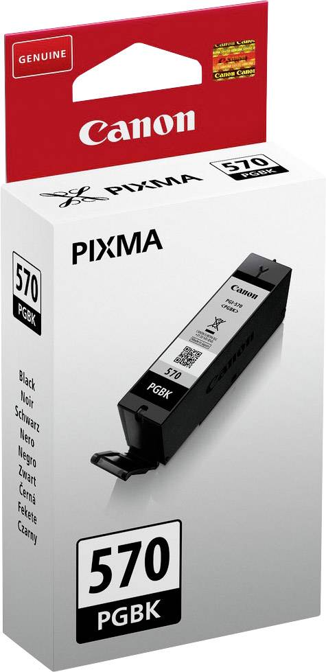 Canon PIXMA Druckerpatrone 570 PGBK in Schwarz, Verpackung im Vordergrund, geeignet für verschiedene PIXMA Druckermodelle.