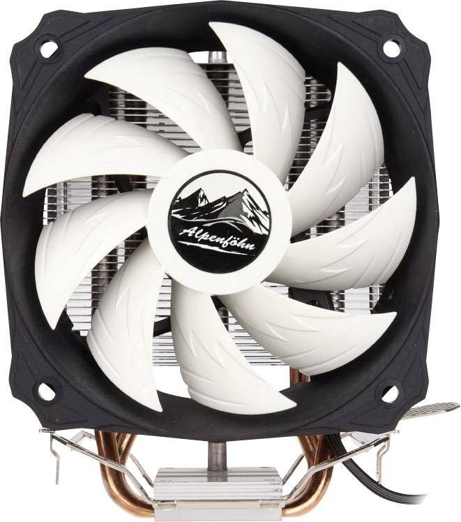 Ein schwarzer und weißer CPU-Lüfter mit sechs weißen Flügeln, kupfernen Wärmerohren und einem Alpen-Motiv in der Mitte.