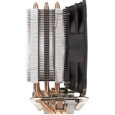 'Seitenansicht eines CPU-Kühlers mit mehreren Aluminiumlamellen, drei Kupfer-Heatpipes und einem schwarzen Lüfter.'