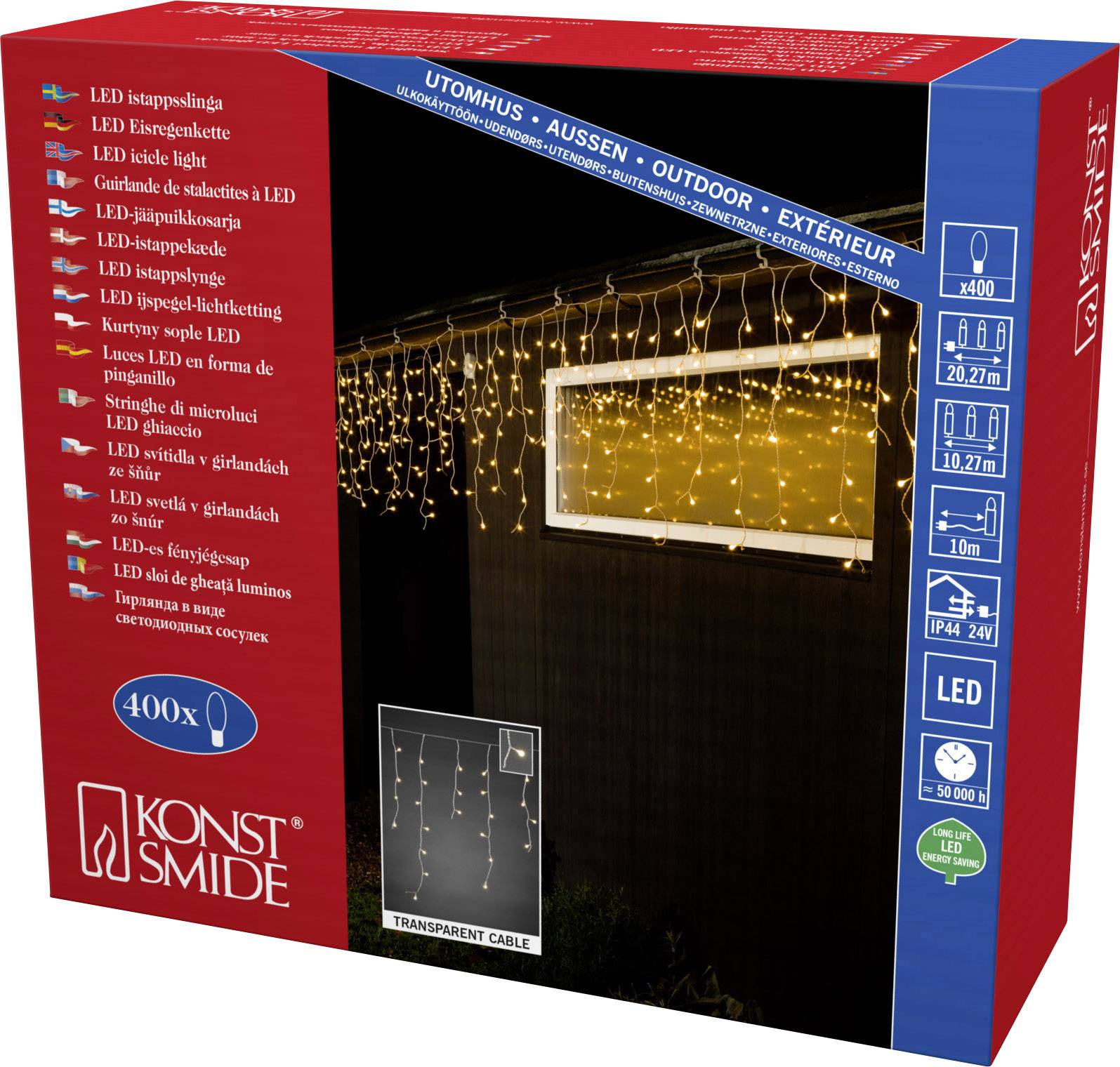 Produktverpackung einer Lichterkette für den Außenbereich, 400 LEDs, warmweiße Farbe, transparentes Kabel, IP44, energiesparend.