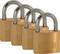 Vier goldene Vorhängeschlösser in einer Reihe, symbolisierend Sicherheit oder Schutz.