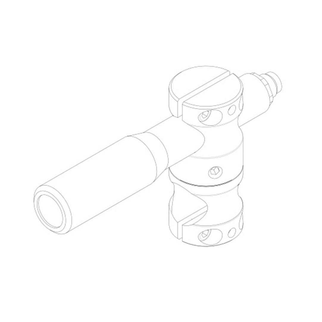 Lineart einer mechanischen Komponente. Sie besteht aus zwei zylindrischen Abschnitten, verbunden durch bewegliche Gelenke. Kein Kontext angegeben.