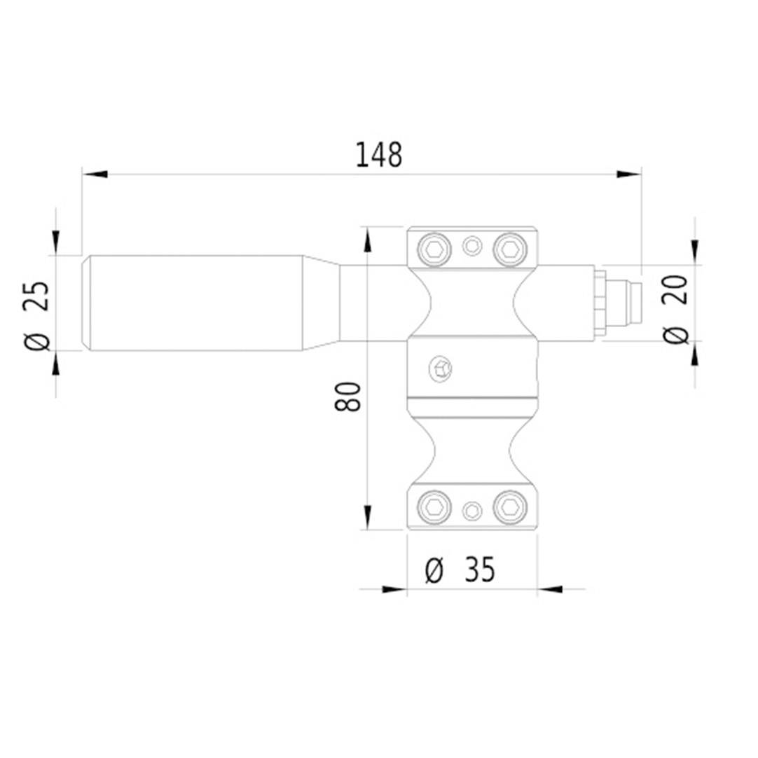 Technische Zeichnung eines Bauteils mit Maßen: Länge 148 mm, Durchmesser 25 und 35 mm, Höhe 80 mm. Enthält Bohrung und Befestigungselemente.