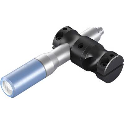 Metallisches Gerät mit blauem Zylinder und schwarzen Halterungen. Wahrscheinlich ein technisches Werkzeug oder Bauteil.