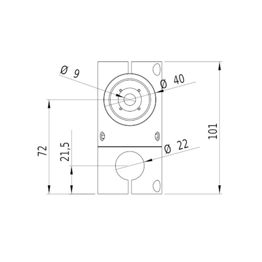 Technische Zeichnung eines Bauteils mit Kreisen, Linien und Bemaßungen. Maße: 9, 22, 40 mm im Durchmesser, 72 x 101 mm Außenmaße.