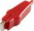 Rotes Krokodilklemme mit Metallzange, häufig für elektrische Verbindungen genutzt, vor weißem Hintergrund.