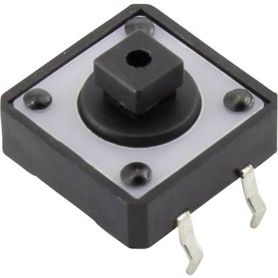 Schwarzer quadratischer Taster mit zwei Metallanschlüssen an einer Seite, oft in elektronischen Geräten zur Steuerung verwendet.