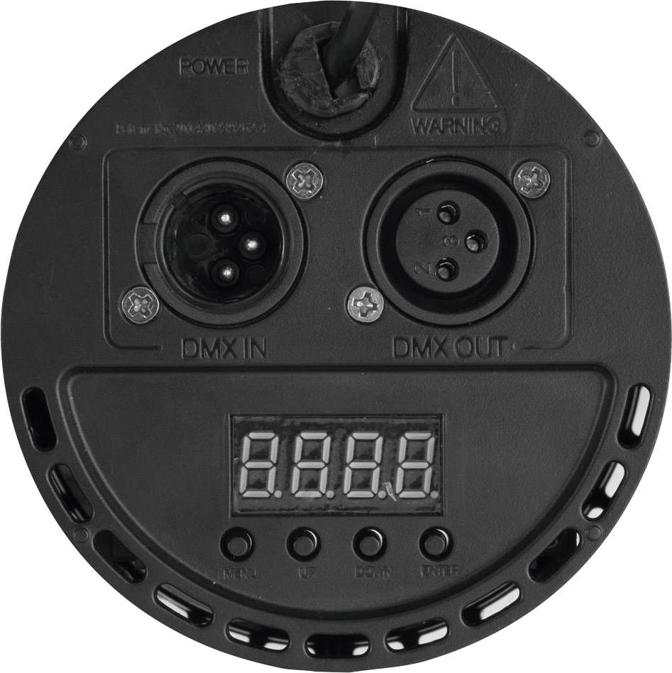 Schwarzes DMX-Anschlussfeld mit runden DMX IN- und DMX OUT-Buchsen und digitaler Anzeige (8888) zur Steuerung von Lichteffekten.