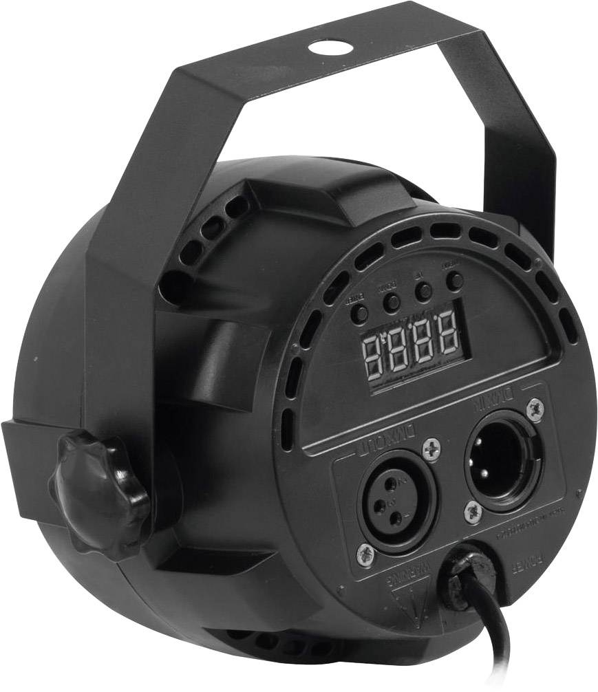 Ein schwarzer Bühnenstrahler mit digitalem Display und Anschlussbuchsen; wird für Beleuchtung in Shows oder Veranstaltungen verwendet.