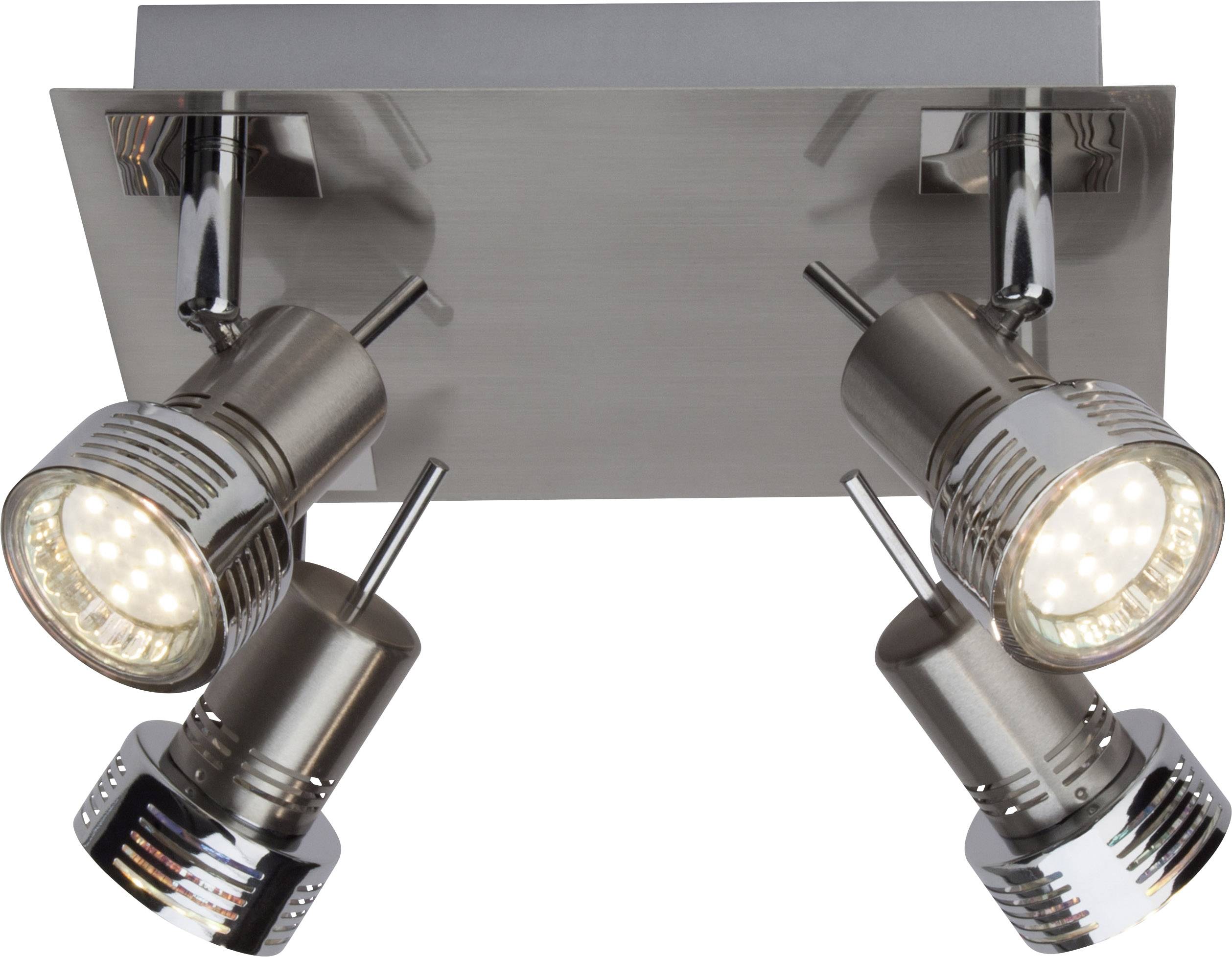 Eine Deckenlampe mit vier schwenkbaren, zylinderförmigen LED-Spots auf einer rechteckigen Metallplatte. Ideal für Akzentbeleuchtung.