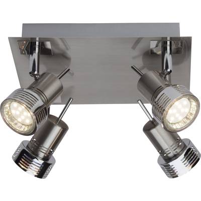 Eine Deckenlampe mit vier schwenkbaren, zylinderförmigen LED-Spots auf einer rechteckigen Metallplatte. Ideal für Akzentbeleuchtung.