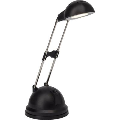 Schwarze, moderne Tischlampe mit verstellbarem Arm und rundem Sockel, eignet sich zum Lesen oder Arbeiten in gut beleuchteten Umgebungen.