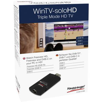 Verpackung eines WinTV-soloHD USB-Sticks von Hauppauge. Ermöglicht DVB-T2, DVB-C und Freeview HD-Empfang auf PCs. Fernseher mit Landschaft im Hintergrund.