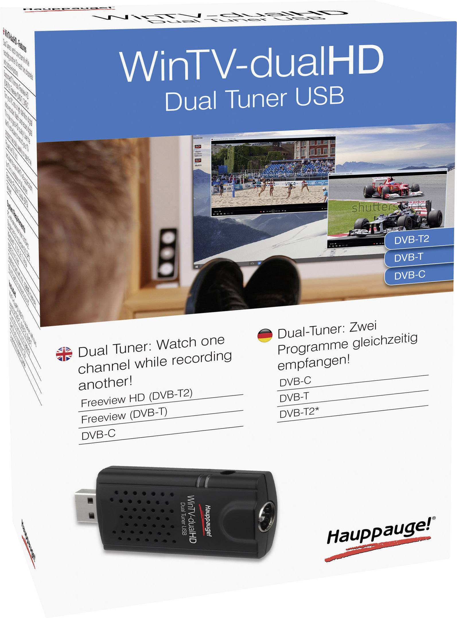 WinTV-dualHD Dual Tuner USB Verpackung zeigt ein USB-Gerät und Funktionen 'Dual-Tuner: Zwei Programme gleichzeitig empfangen' mit DVB-T2, DVB-C.