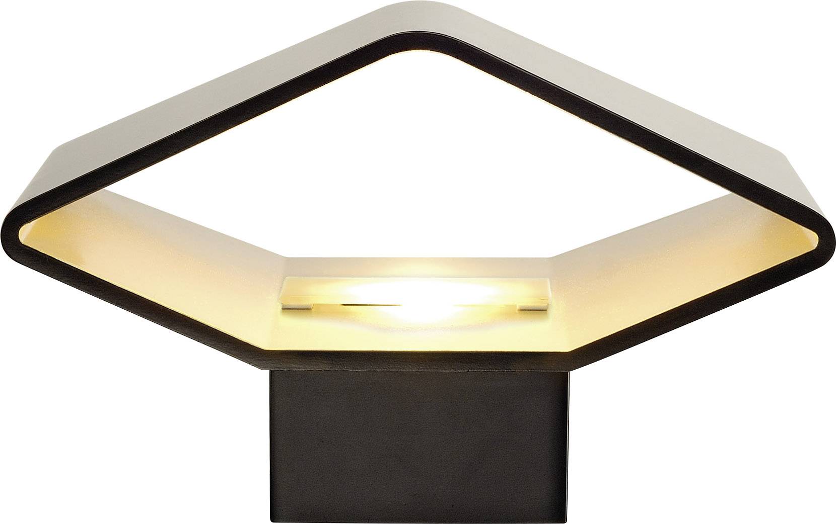 Eine moderne, geometrische Tischlampe mit einem offenen, sechseckigen Design und warmem Licht, das nach unten scheint.