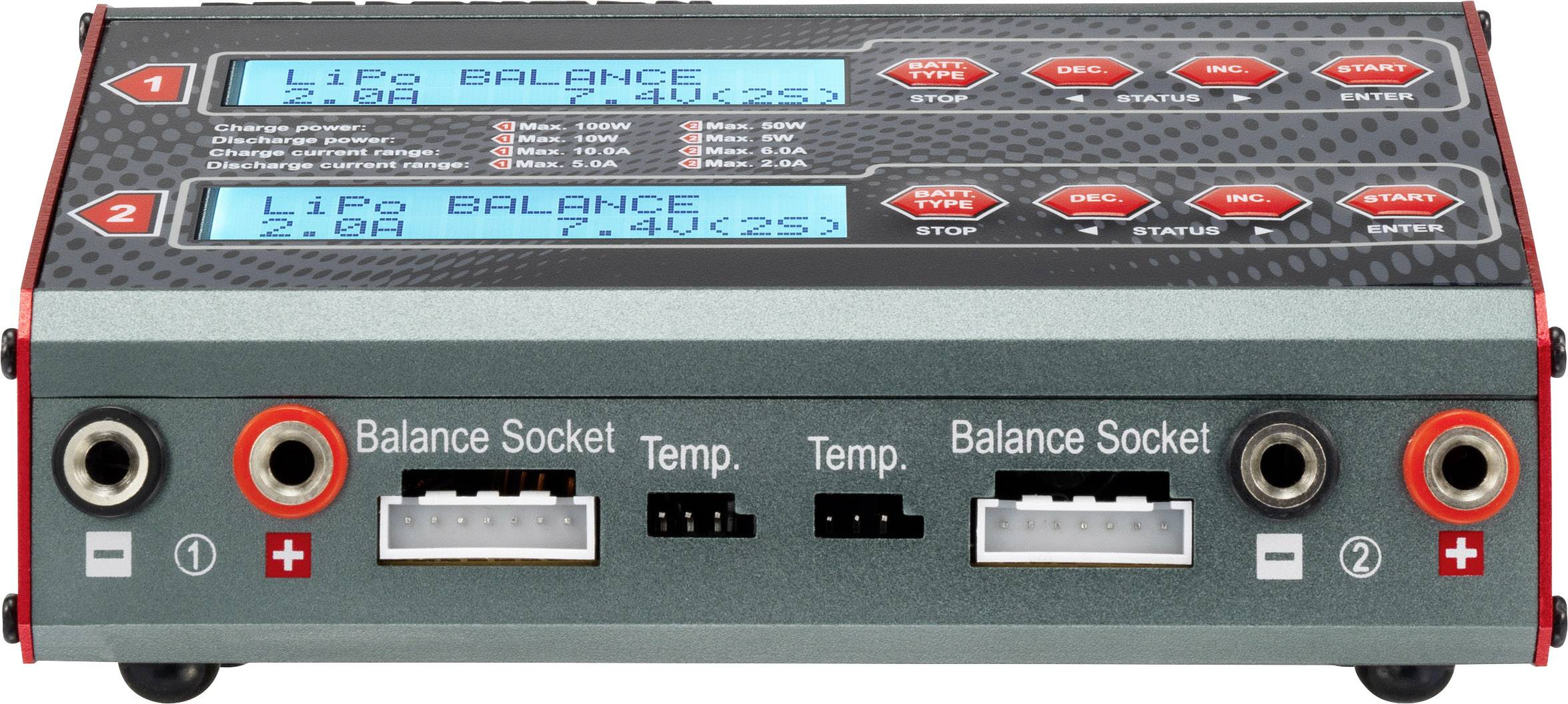 Ladegerät für LiPo-Batterien mit zwei Bildschirmen und verschiedenen Anschlussmöglichkeiten, um Akkus zu laden und zu überwachen.