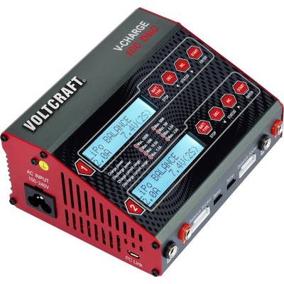 'VOLTCRAFT V-Charge 100 Duo'-Batterieladegerät mit zwei digitalen Anzeigen, Tastenbedienung und Anschlüssen für verschiedene Akkus.