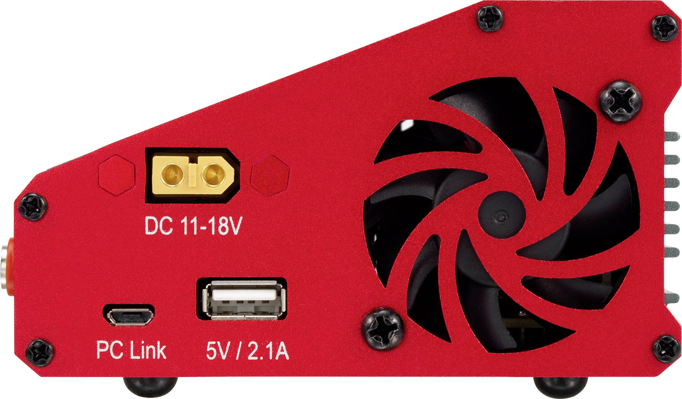 Rotes elektronisches Gerät mit Lüfter, DC-11-18V-Anschluss, PC-Link und USB-Anschluss (5V/2.1A).