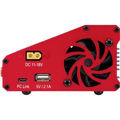 Rotes elektronisches Gerät mit Lüfter, DC-11-18V-Anschluss, PC-Link und USB-Anschluss (5V/2.1A).